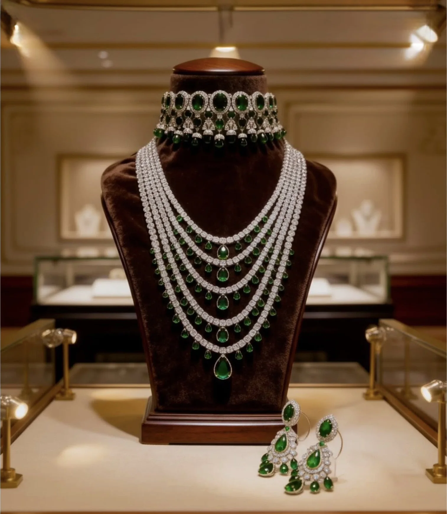 Emerald and crystal layered necklace in a jewellery showroom